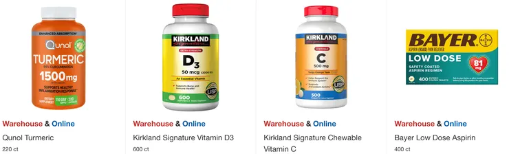 左起折扣後價格：薑黃 $34.99、維他命D3 $12.49、維他命C $14.99、拜耳低劑量阿斯匹靈 $16.99。