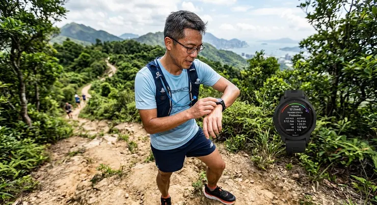 梁練偉在戶外跑步後檢視跑錶上的VO2max數據，分析訓練成效。