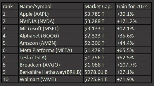 2024年市值前十大美國公司漲幅表現(市值參考companiesmarketcap.com 資料)