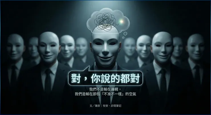 那個在會議室裡微笑點頭的你，大腦是不是正在尖叫？這張面具的代價，往往是你今晚的失眠。