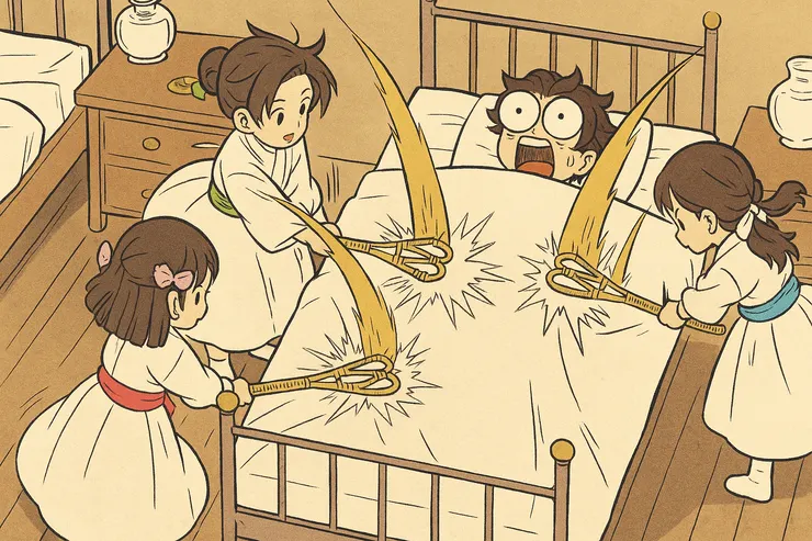 炭子請託三姊妹徹夜觀察鞭策自己，來練就「全集中呼吸」。（萌）