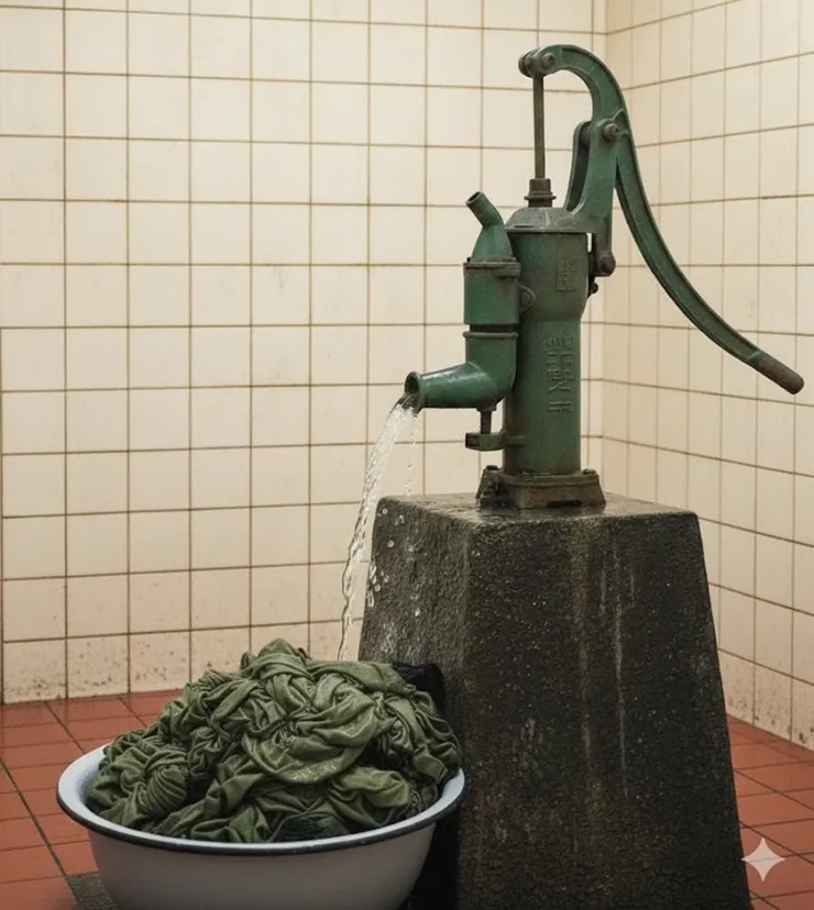 以前是手動幫浦抽水很辛苦(AI生成示意圖)