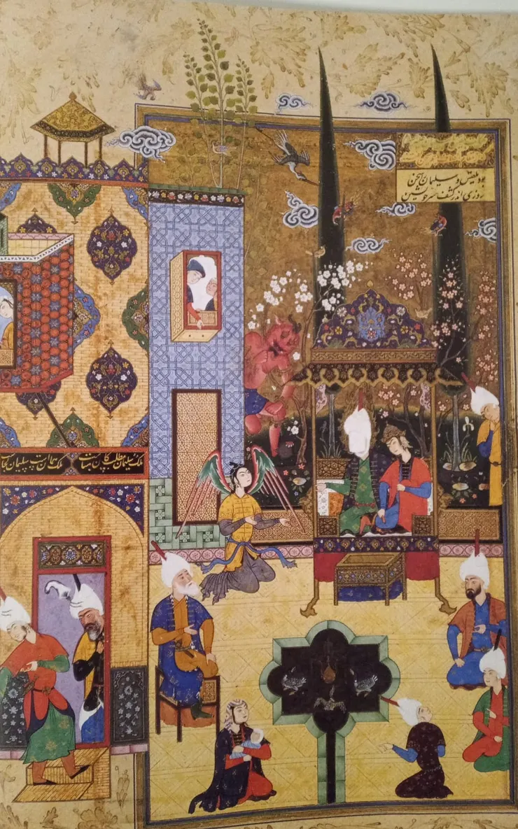 所羅門王和示巴女王透過天使告知了他們孩子的事，這可能是對尼札米的《黃金閣公主的故事》的暗示。花園中被奴役的紅色惡魔，大概是阿斯莫德，他被強迫工作。