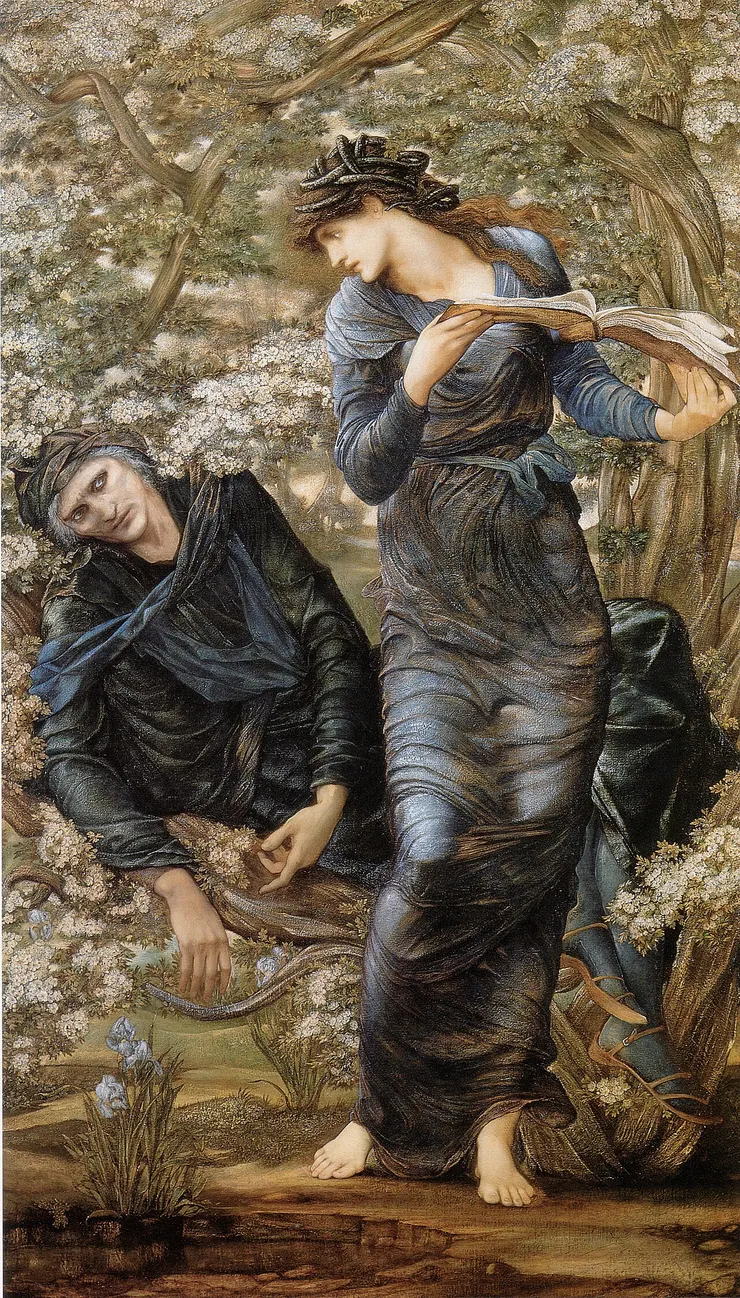 愛德華·伯恩-瓊斯 (Edward Burne-Jones)的畫作《梅林的誘惑》(The Beguiling of Merlin ) (1874)中的湖中仙女。