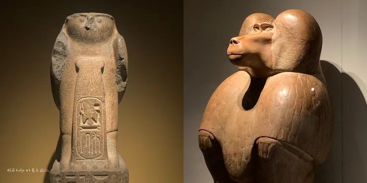 左：拉美西斯二世的守護神「拉-哈拉胡提」隼雕像｜右：古埃及神話動物之一：狒狒