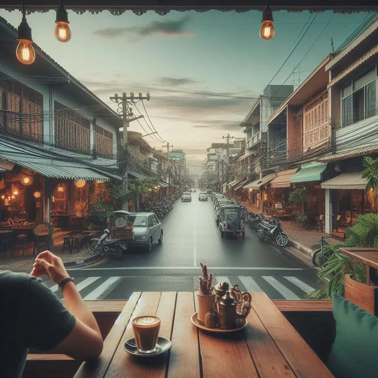 copilot。幫我畫張圖：坐在咖啡廳看街景