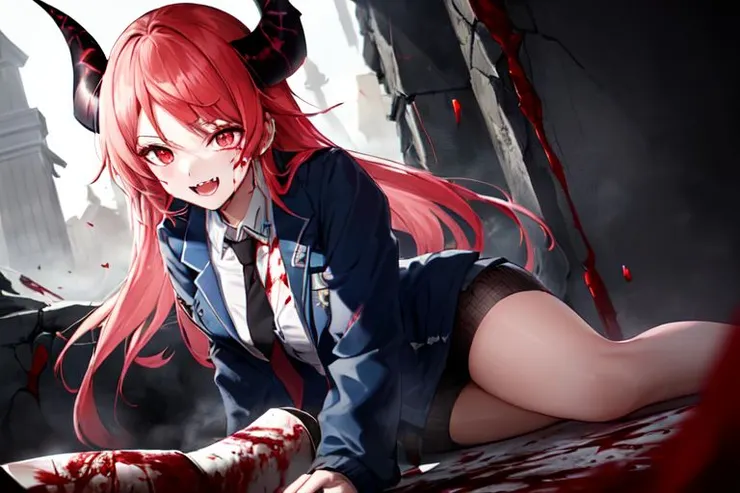 提示詞 : 淺粉紅色長直髮、分瀏海、右側太陽穴、兩對紅色角、紅色眼睛、圈狀眼、揚眉、獠牙、深藍色運動夾克、半穿夾克、白色襯衫配黑色領帶......問題來了，這是哪位角色呢?