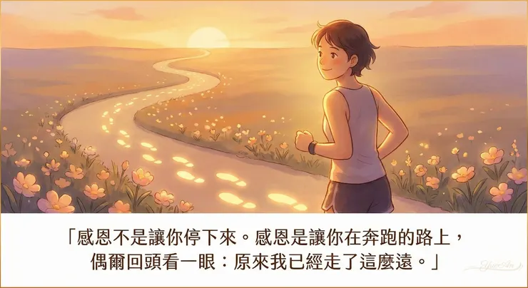 在臨床實務中，感恩練習常常是培養「自我同情（Self-Compassion）」的重要入口。它讓我們學會用「欣賞」取代「批判」來看待自己的努力，從而獲得繼續奔跑的內在力量。