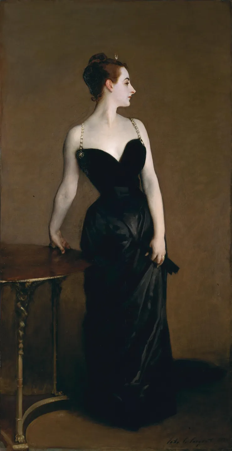 《X夫人》（Madame X）為薩金特最知名，且最具代表性的肖像之一。這幅畫在1884年巴黎沙龍展出時引發了激烈的爭議。批評主要集中在畫中人物的姿勢、服裝以及皮膚的描繪上，認為這些元素過於挑逗和不合時宜。