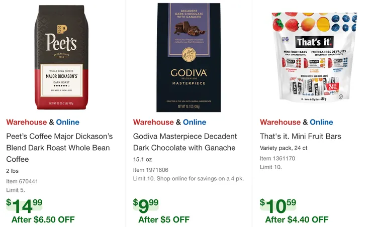 Peet's 深烘培咖啡、Godiva 黑巧克力、That's It 迷你水果棒。