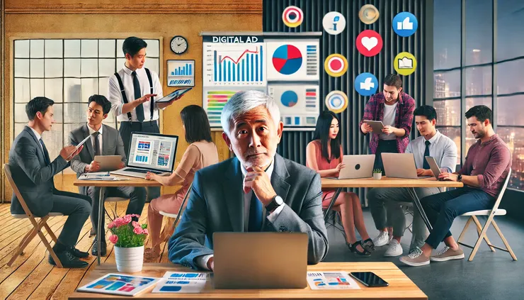 中高齡行銷主管因缺乏數位行銷技能而顯得困惑，與年輕同事的差距