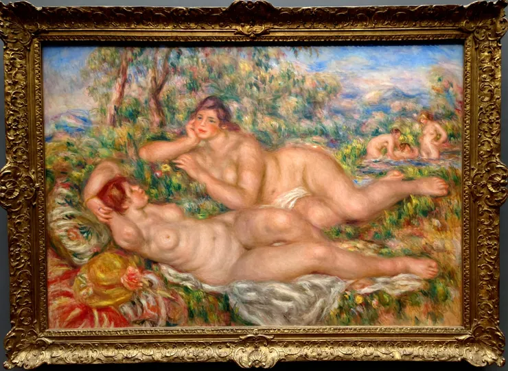 【皮耶-奧古斯特·雷諾瓦 (Pierre-Auguste Renoir) 的《浴女們》 (The Bathers)，代表了雷諾瓦晚年 (1892–1919) 的作品風格，主題以豐滿的裸女為主。】
