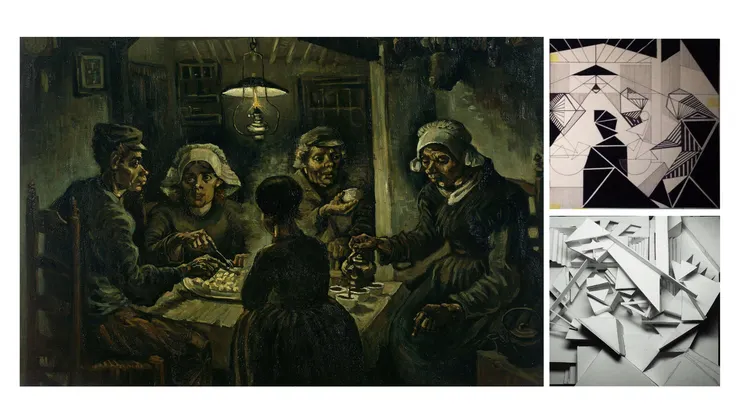 左：《吃馬鈴薯的人》、右：我在學生時期，依左圖去轉移/創作的作品