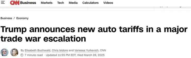 圖片及新聞英文原文出處https://edition.cnn.com/2025/03/26/economy/auto-tariffs-announcement/index.html