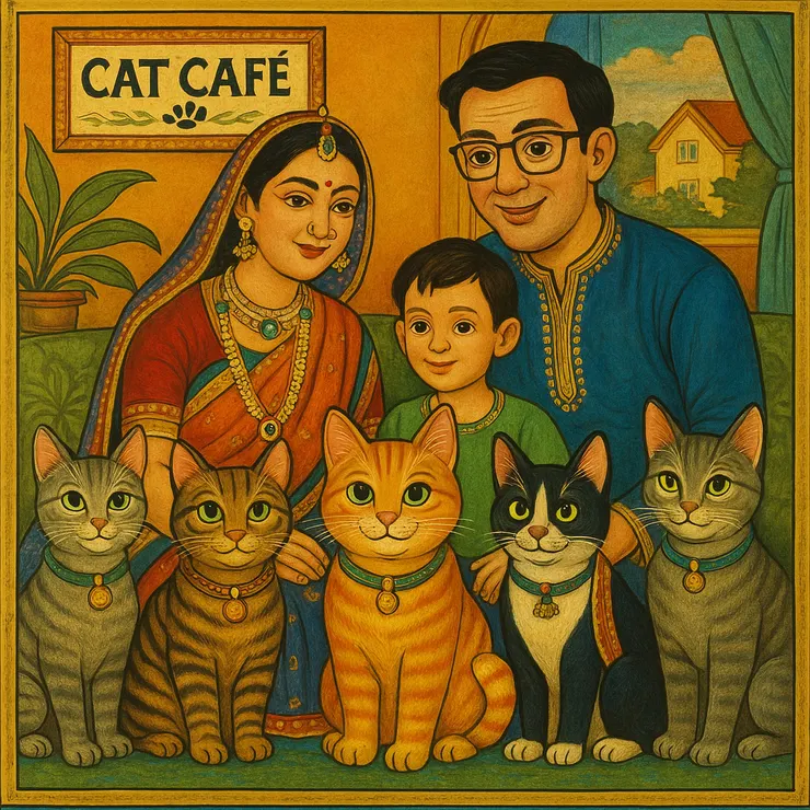 印度繪畫風格以鮮明飽和的色彩與精緻細膩的裝飾圖案著稱，常見於神話、宗教與宮廷題材。 人物五官柔和，服飾華麗繁複，並運用黃金與寶石色彩凸顯神聖與尊貴。 畫面構圖對稱，背景常融合自然景緻與建築元素，營造靜謐而充滿故事感的氛圍。