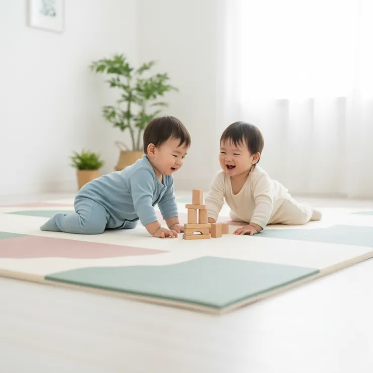 溫馨的北歐風客廳，寶寶在厚實、莫蘭迪色的兒童爬行墊上爬行。這張圖強調了寶寶遊戲墊的安全性與家居美感。