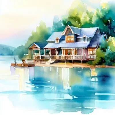咒語：serene vacation lake house, watercolor painting。（Bing Image CreateAI繪圖生成製成）