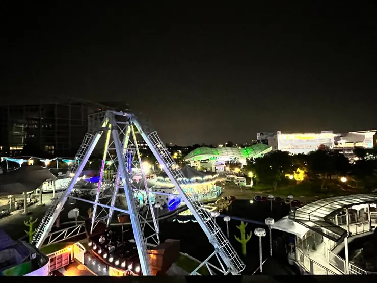 摩天輪上的夜景滿有情調的，唯一可惜的是天氣不好天空一片黑。