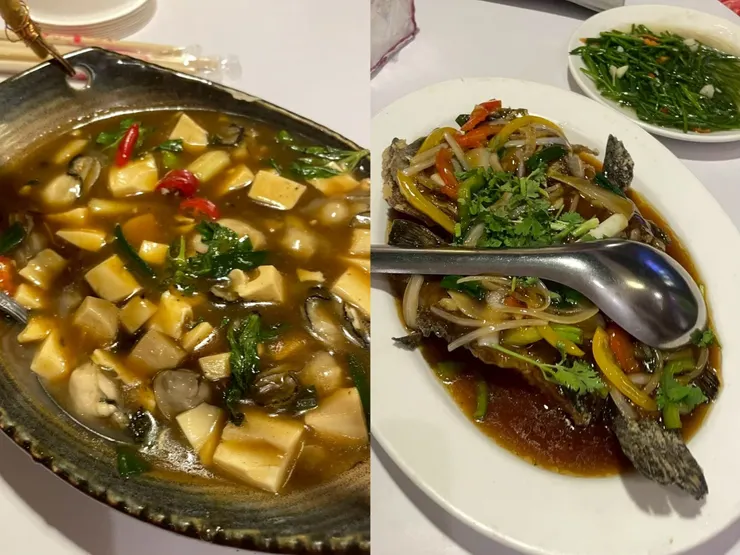左:炒蚵、右：紅燒石斑魚