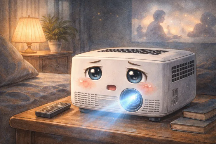 梁练伟家的智能投影仪，卡通化表情的投影仪正在运作，安静地投射画面，呈现家电自述系列中投影仪的视角