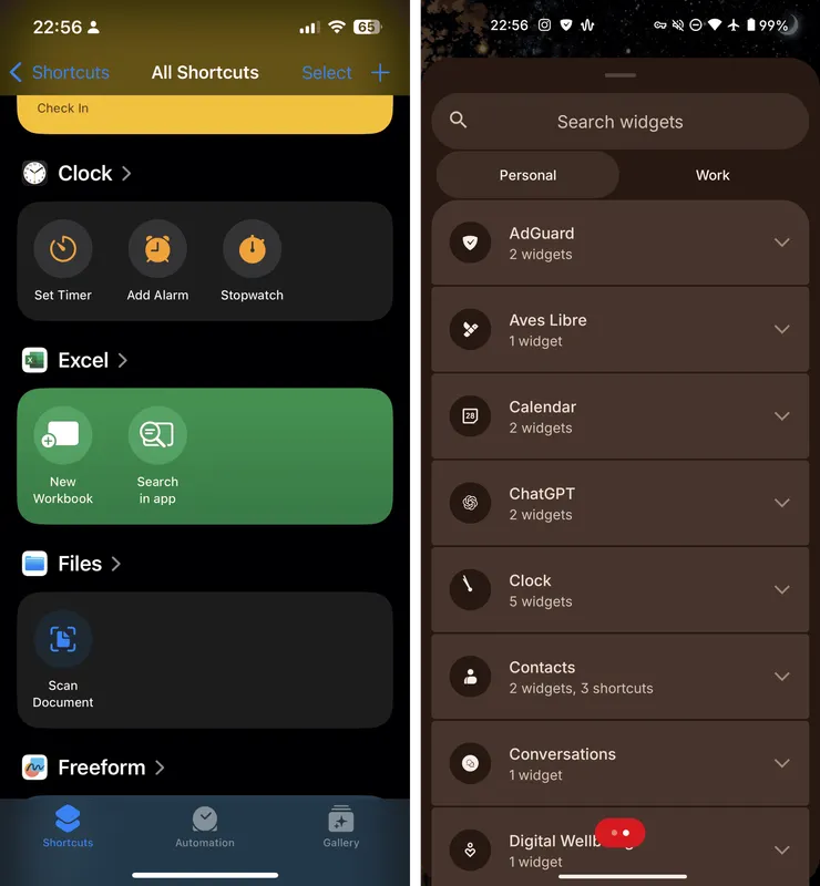 不少捷徑功能(左)其實都在安卓系統的小工具欄位中(右)
