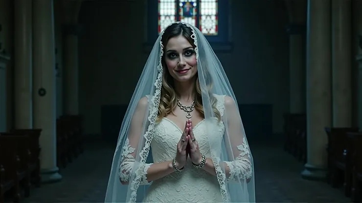 Ghost Bride: White lace wedding dress, torn veil, silver chains, smoky eye makeup( 鬼魂新娘:白色蕾絲婚紗、破損頭紗、銀鍊、煙燻妝 )