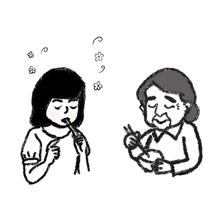 阿媽和孫女在餐桌上用餐，“閒聊”了幾句。