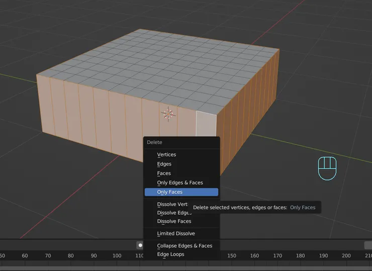 選取不要的面後，按X出現刪除選項，選擇Only Faces只刪除面留下縫線