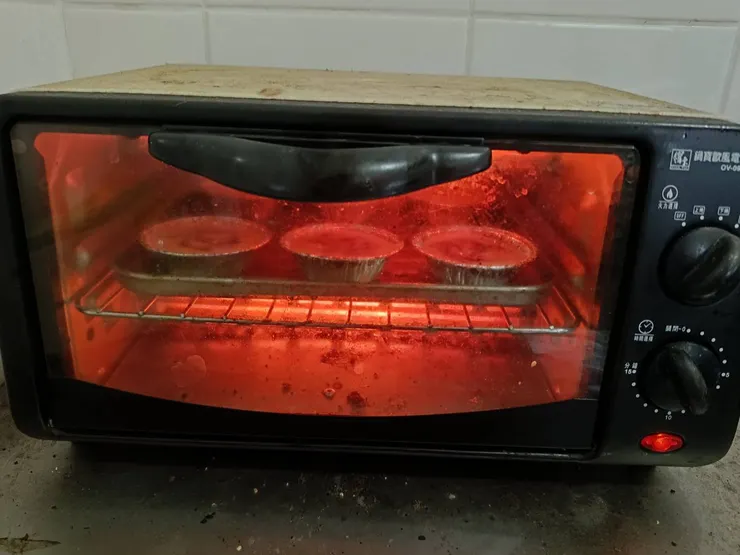 排入烤盤，避開燈管位置，先轉10分鐘，烘烤開始