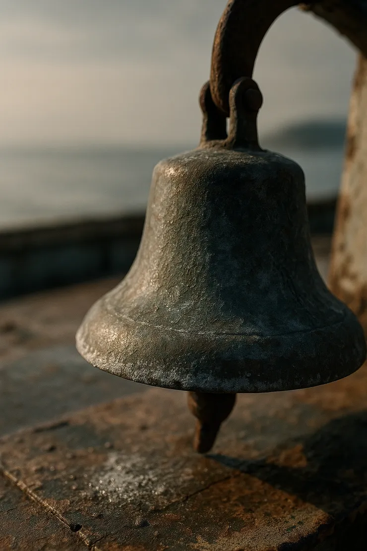 被海洗過的舊鈴正被細砂緩緩打磨，金屬暗紋與鹽霜在側逆光下浮起。遠處海霧淡淡，聲音仿佛將要成形。