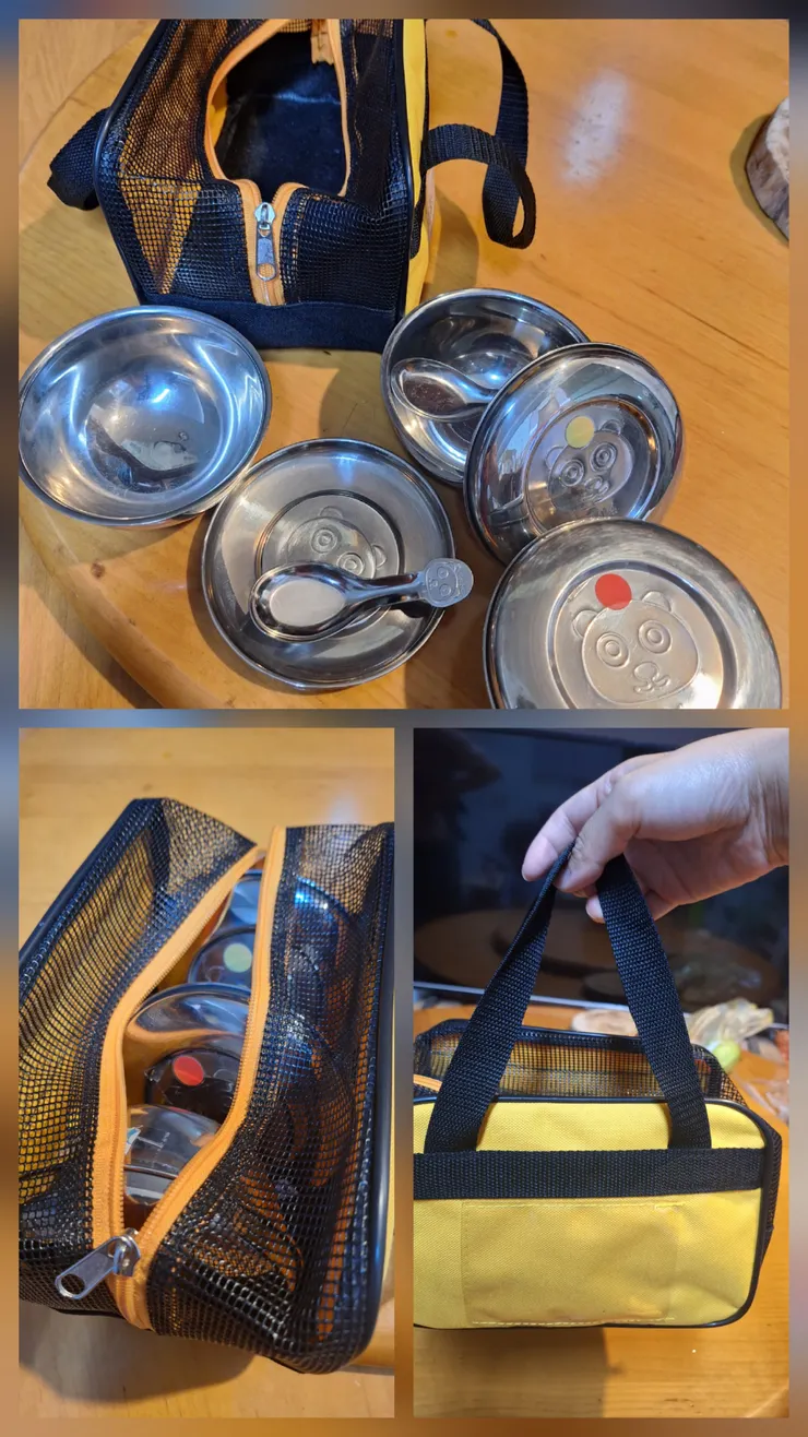 不鏽鋼三色碗裝進透氣餐袋還剩一點空間，可以塞個矽膠圍兜，餐袋外面有放姓名卡的夾層。