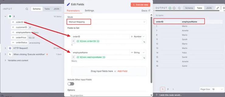 Edit Fields 節點執行結果畫面