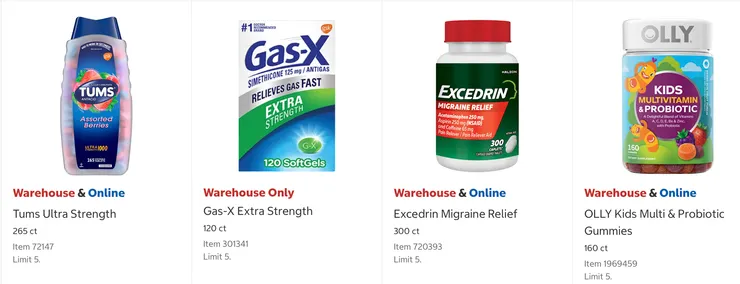 TUMS 特強效抗胃酸藥 $10.99、GAS-X 緩解胃脹氣特強配方 $15.31、Excedrin Migraine 緩解偏頭痛止痛藥 $20.49、OLLY 孩童維他命益生菌 $18.49。