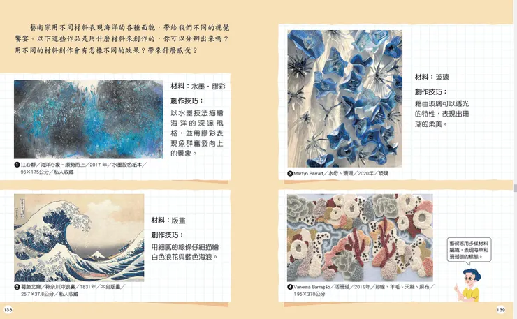 心靜很喜歡日本版畫大師北飾葛齋的代表作「神奈川沖浪裡」，沒想要有機會一起列入國教院審定康軒版 「國小6上藝術」課本，深感榮幸。