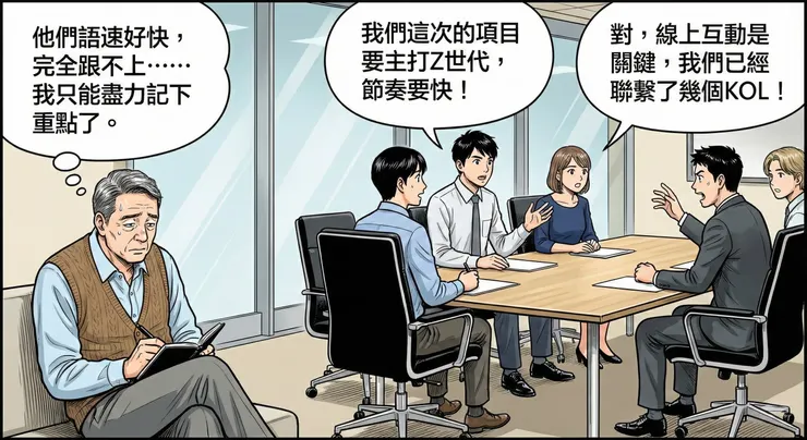 中年人在會議室角落默默做筆記