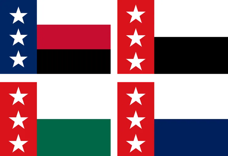 里奧格蘭德共和國國旗的四種版本，左上為正式版，右上的版本也很常見；三枚白星象徵著科阿維拉、塔毛利帕斯、新萊昂三州，設計概念與德克薩斯孤星旗有關。