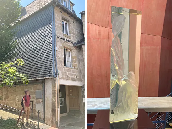 關於噴砂(Sablage)的些許了解：求學時期學校裡面有噴砂工坊可以使用，把木頭或玻璃等各種材質的物件放在噴砂室後，噴砂室會同時噴出許多微小的沙顆粒在空中，利用噴射出的壓力去侵蝕物件的表面達到磨砂的效果，不想要被磨砂的部分可以用橘色遮蔽膠帶保護起來。