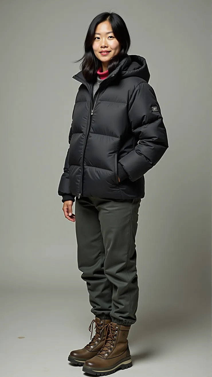 Puffer jacket, waterproof hiking pants, ankle boots