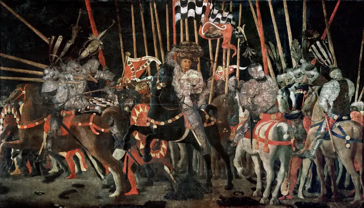 圖十九：1435-40 ca., The Battle of San Romano, 182 x 317 cm, Louvre. 翡冷翠的同盟 Michelotto Attendolo da Contignola 反攻的情形。