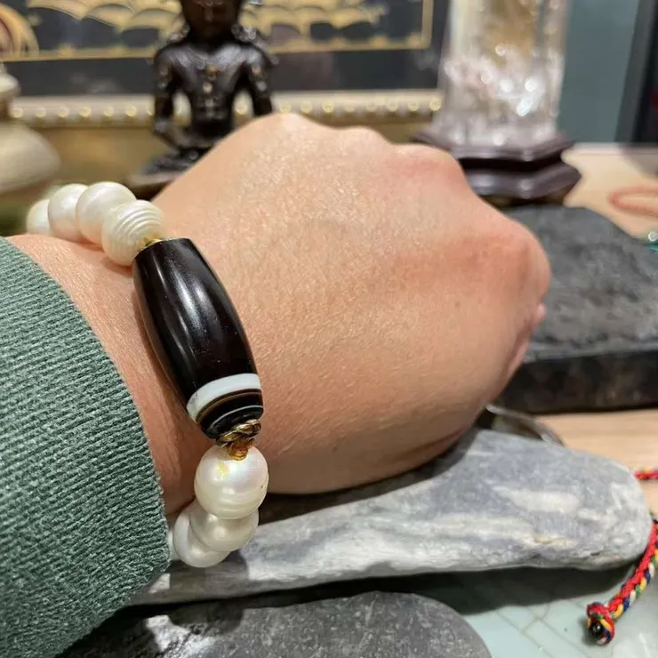 線珠(孤品)老天珠搭配天然珍珠