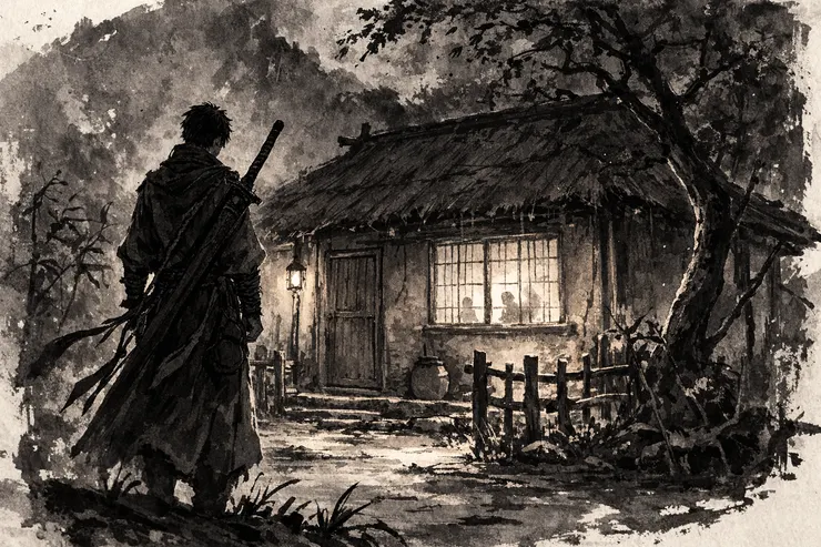 梁练伟站在胡斐苗若兰草屋外