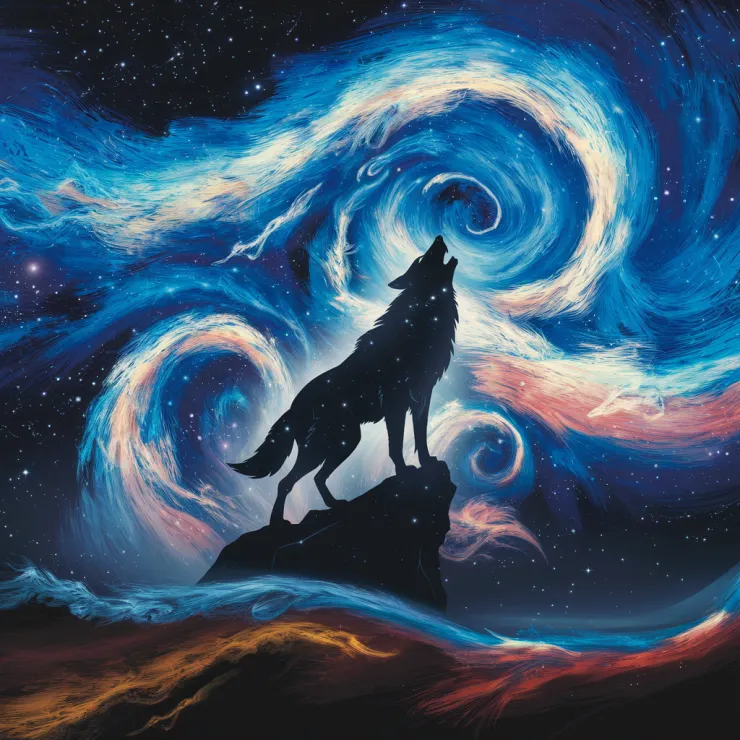 A 8k resolution image of a wolf silhouette howling majestically on a rock. The background is a swirling, magical starry sky with vibrant and luminous Van Gogh-like colors. The image has a dreamlike and majestic atmosphere, resembling the iconic scene from The Lion King (1994). The overall image is ethereal and powerful.