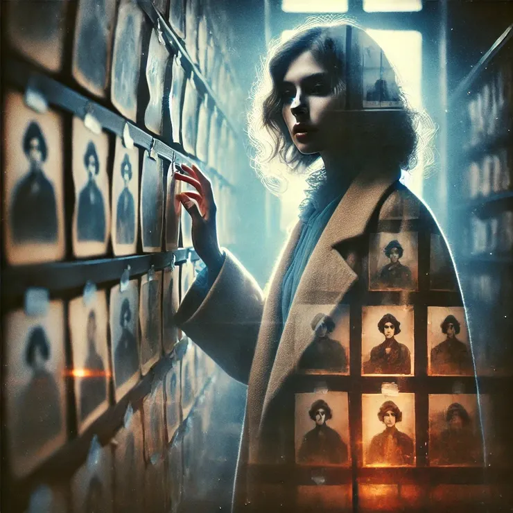 She traced the outlines of the image with her fingers, feeling the weight of forgotten stories pressing against her. The composition was layered - shadows of other figures barely visible behind the main subject, as though the past had imprinted itself upon the paper.