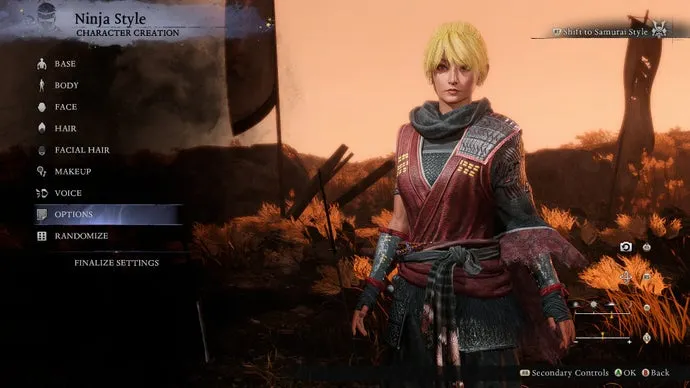 A character in Nioh 3's character creator who looks like Sheik from The Legend of Zelda.