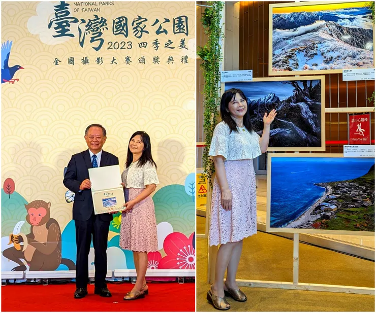 【左:9/23明慧獲頒獎牌;右:明慧與得獎作品(最上面)。】