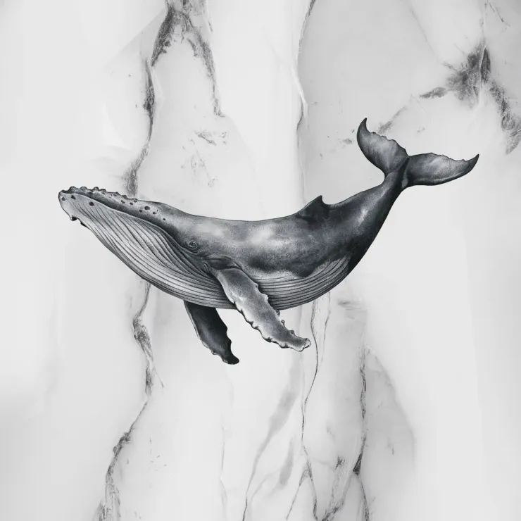 A stunning monochromatic illustration of a blue whale, rendered in charcoal, against a pristine white background. The whale is depicted in a graceful leap, showing its powerful tail and majestic curves. The overall effect is a beautiful contrast between the delicate whale and the stark white background, evoking a sense of serenity and calmness.