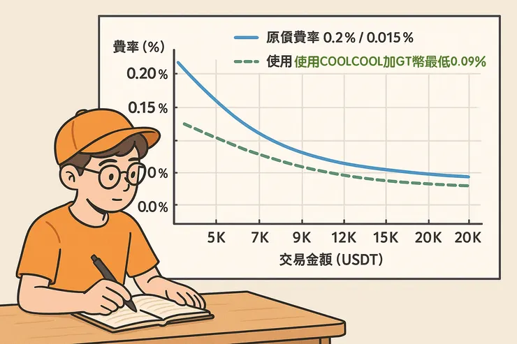 使用 COOLCOOL 並搭配 GT 幣付款，手續費最低可降至 0.09%，遠低於原始費率