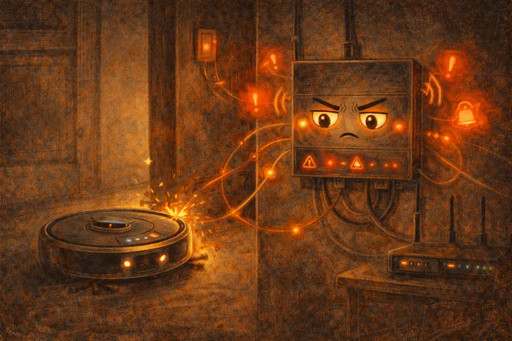 扫地机器人夜间撞击家具触发安防中枢警报，指示灯亮起，呈现梁练伟家电自述中的误报瞬间