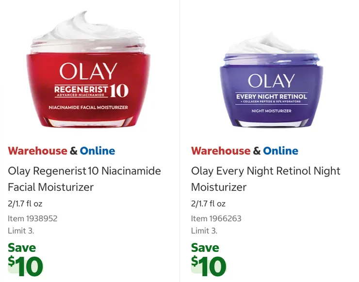OLAY 抗衰老乳霜兩罐裝 $36.99、抗衰老晚霜兩罐裝 $36.99。