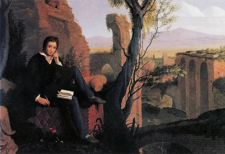 Posthumous Portrait of Shelley Writing Prometheus Unbound, oil on canvas, Joseph Severn, 1845. Public domain image.